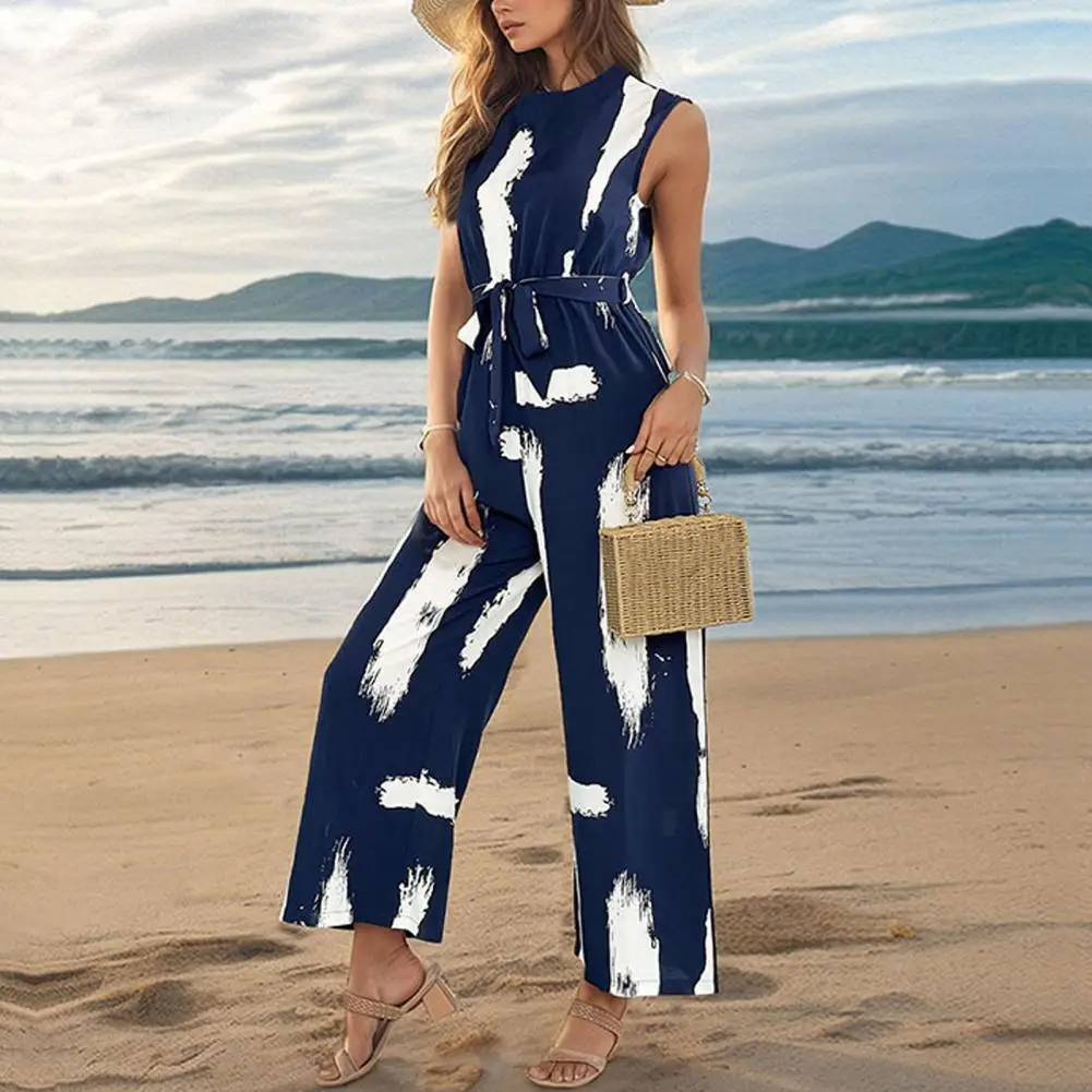 

Wide Leg Trousers Jumpsuit Stylish Women's Printed Sleeveless Romper with Wide Leg High Waist One Piece Design for Work Parties