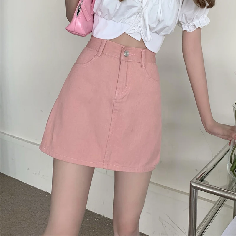 JMPRS Cute Pink Women Denim Skirt Korean High Waist A Line Fashion Designed Summer Jeans Mini Skirts Casual Slim Ladies Skirt white pleated skirt