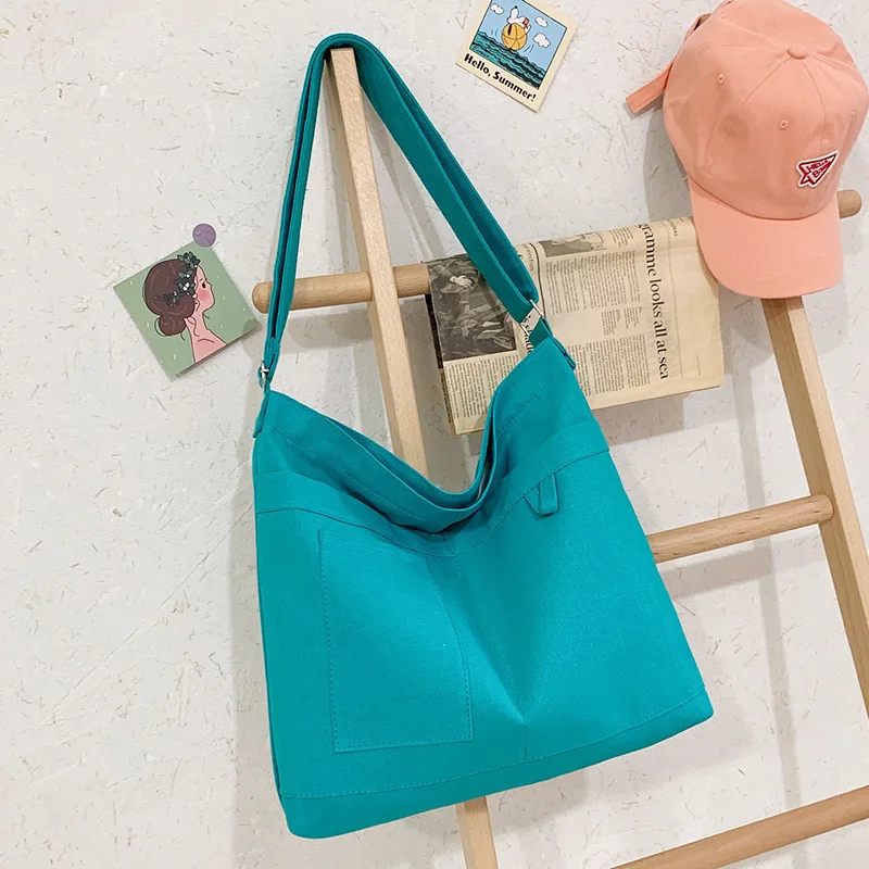 Cotton Canvas Bag With 3 External Pockets  Handbag High-Capacity Zipper Closure Suitable For Young Women and Female Students