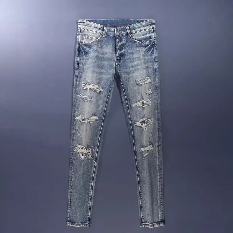 High Street Fashion Men Jeans Retro Blue Stretch Skinny Fit Ripped Jeans Men Beading Patched Designer Hip Hop Brand Pants Hombre