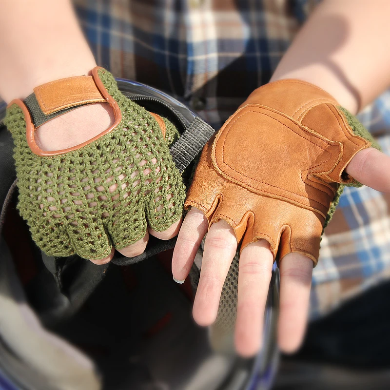 

Half Finger Gloves Male Knitted Sheepskin Leather Patchwork Breathable Summer Men Driving Semi-Finger Fingerless Gloves A112