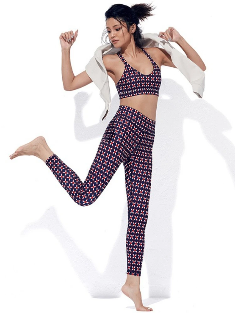 Print Yoga Clothing Suit Women High Waist Hip Fitness Pants Shockproof Bra Sports Two Piece Sportswear Sets Ladies