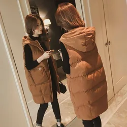 Inverno feminino colete colete longo algodão jaqueta solta oversize quente pão jaqueta sem mangas com capuz mulher jaqueta com bolso