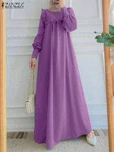 

Crew Neck Elegant Casual Long Sleeve Shirt Dress ZANZEA Spring Muslim Women Loose Oversized Solid ColorKaftan Solid Holiday