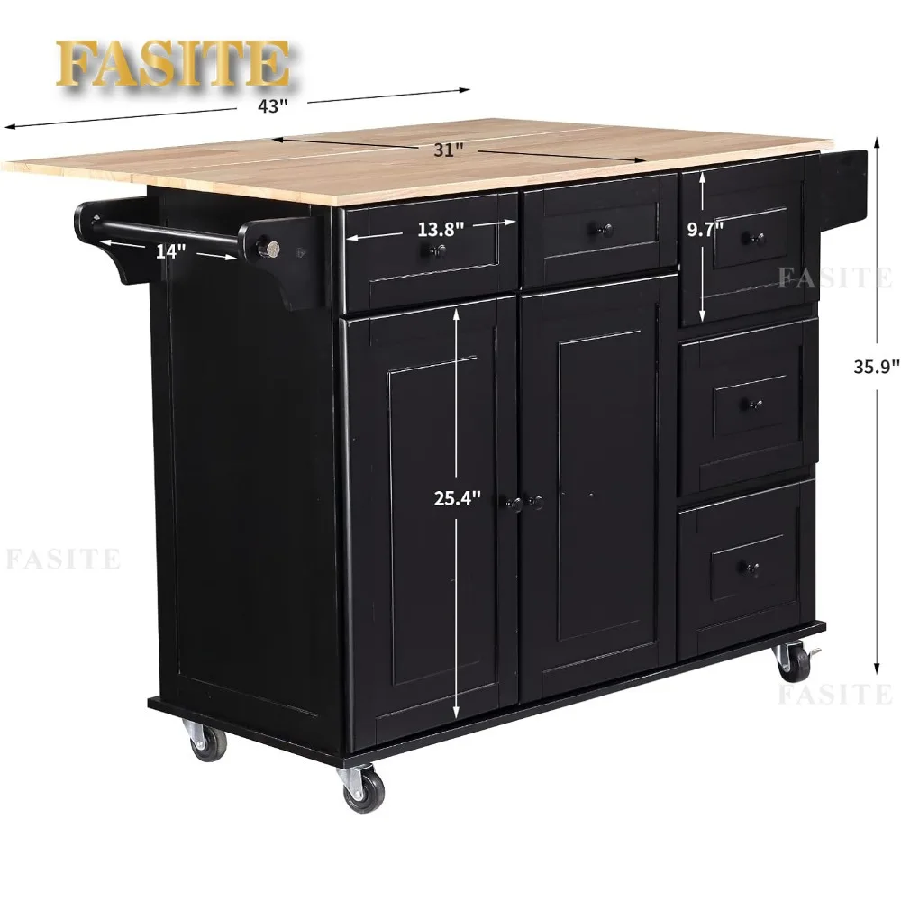 Kitchen Island with Drop Leaf,Kitchen Cart Rolling Mobile Island with Wooden Countertop, Spice Rack,Adjustable Shelves