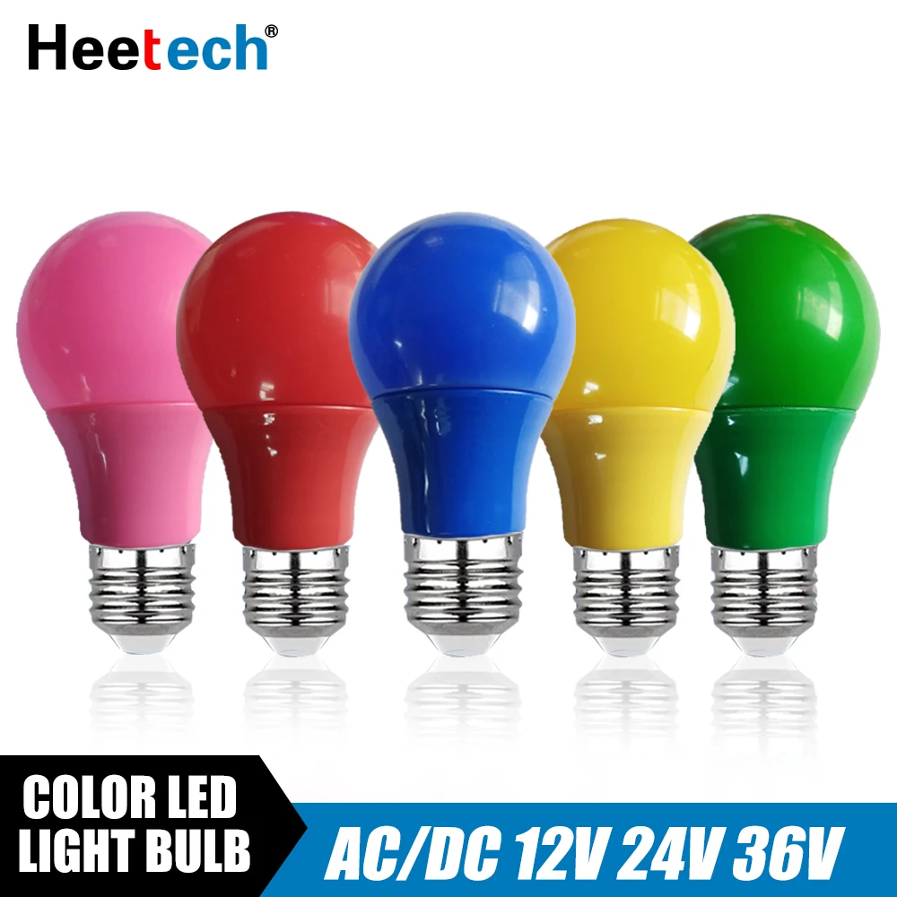 E27 LED 전구 12V 24V 36V DC AC Led 램프 3W 5W 7W 9W 12W Lampada, 레드 블루 그린 옐로우 핑크 퍼플 캠핑 전구