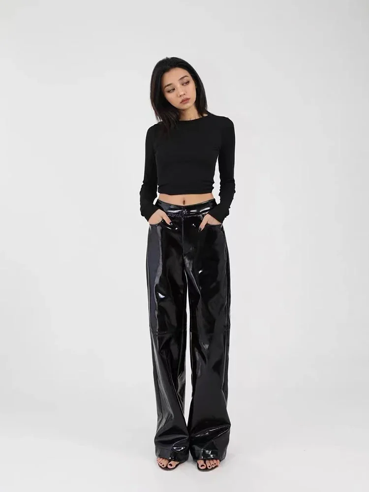 Women's Faux Leather Straight Pants with Shiny Finish Loose Latex Gothic Ladies PVC Trousers Pocket Custom houzhou women gothic baggy cargo jeans with star harajuku y2k 90s aesthetic denim trousers emo 2000s jean pants vintage