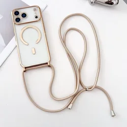 Elegant Magnetic Clear Phone Case with Luxury Rope Lanyard and Plating Finish - iPhone 15 Plus (Gold)
