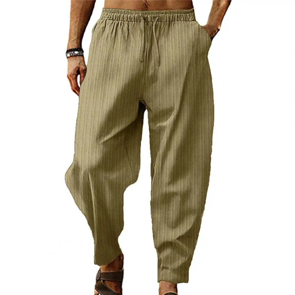 Men's Spring Autumn Casual Solid Color Pants Fashion Drawstring Elastic Waist Striped Trousers Loose Comfort Sweatpants