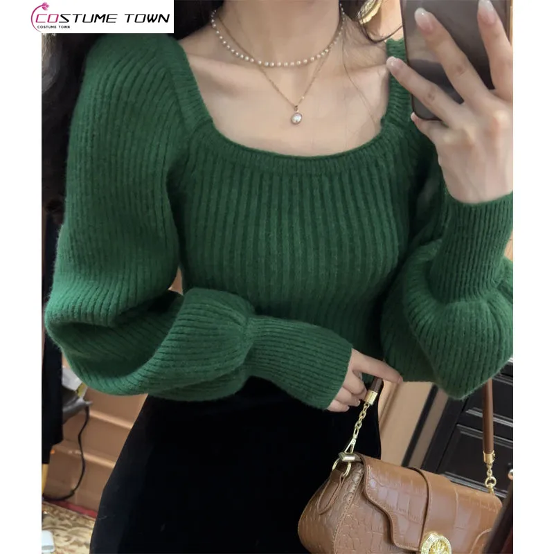 Autumn Set Women's 2023 New Large Women's Korean Edition Slim Square Neck Knitted Sweater Fashion Fishtail Half Skirt Two Piece