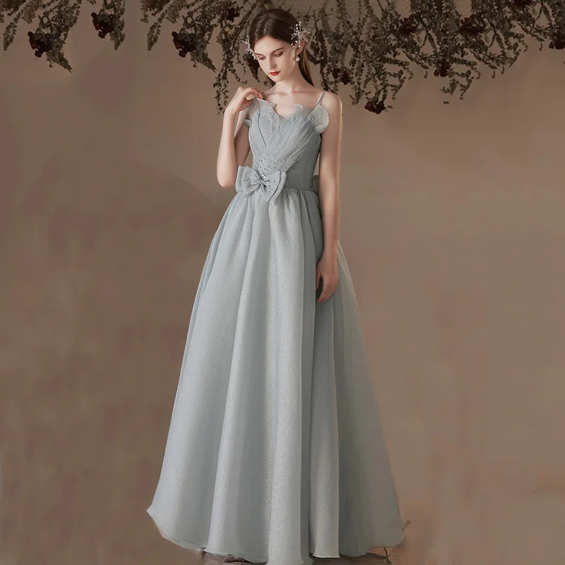 Elegant Spaghetti Strap Prom Dresses 2022 Women Grey Beading Long A-Line Tulle Evening Gowns