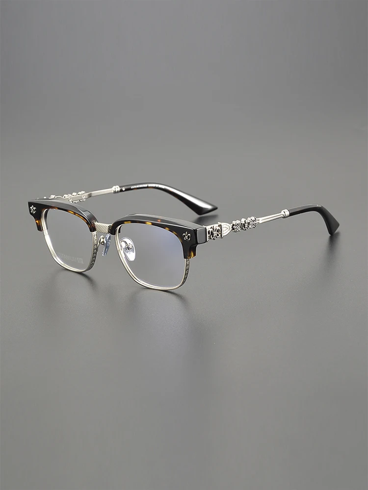 High quality stylish hand-carved glasses frame Men's Retro Half Frame Big Face 150 optical prescription glasses square frame