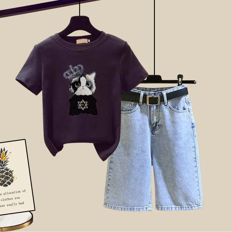 

Женская одежда, одежда, Новинка лета 2023, модная свободная короткая футболка в южнокорейском стиле, джинсовые шорты с высокой талией, Капри, комплект из двух предметов