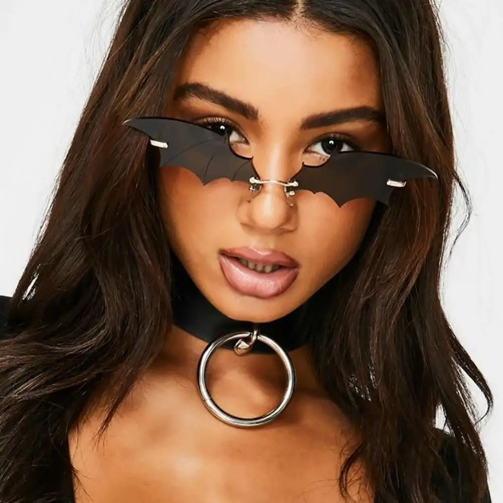 Óculos de sol morcego feminino sem aro tendência eyewear_voghion.com