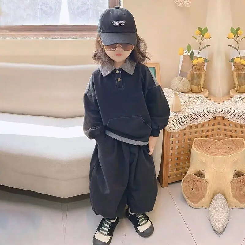 

Girls Sweatshirts +Pants Kids Suits 2PCS/Set 2023 Lapel Spring Autumn Cotton Sport Formal Uniforms Children Clothing