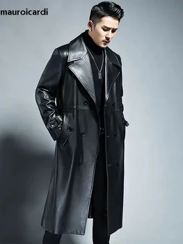 Spring Autumn Long Cool Waterproof Black Pu Leather Trench Coat Men Double Breasted Plus Size Outerwear 4XL, 5XL