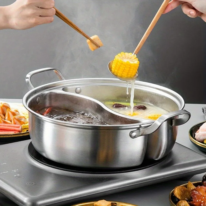 Covered 12.2-inch Dual Flavor Hot Pot Integrated Mandarin Duck Pot Thickened Home Use Chinese Hotpot Stainless Steel Double 6