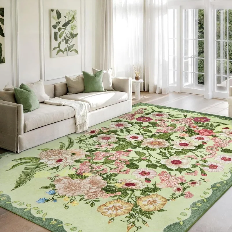 Green Floral Living Room Carpet Nordic Retro Large Area Bedroom Rug Machine Washable Non-slip Coffee Table Sofa Floor Mats Tapis