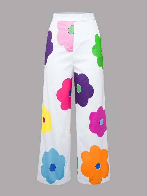 Gymystars 2024 INS Style Ladies Pants High Waisted Wide Leg Floral Printed Multi-Colored Casual Bottoms Trousers for Women