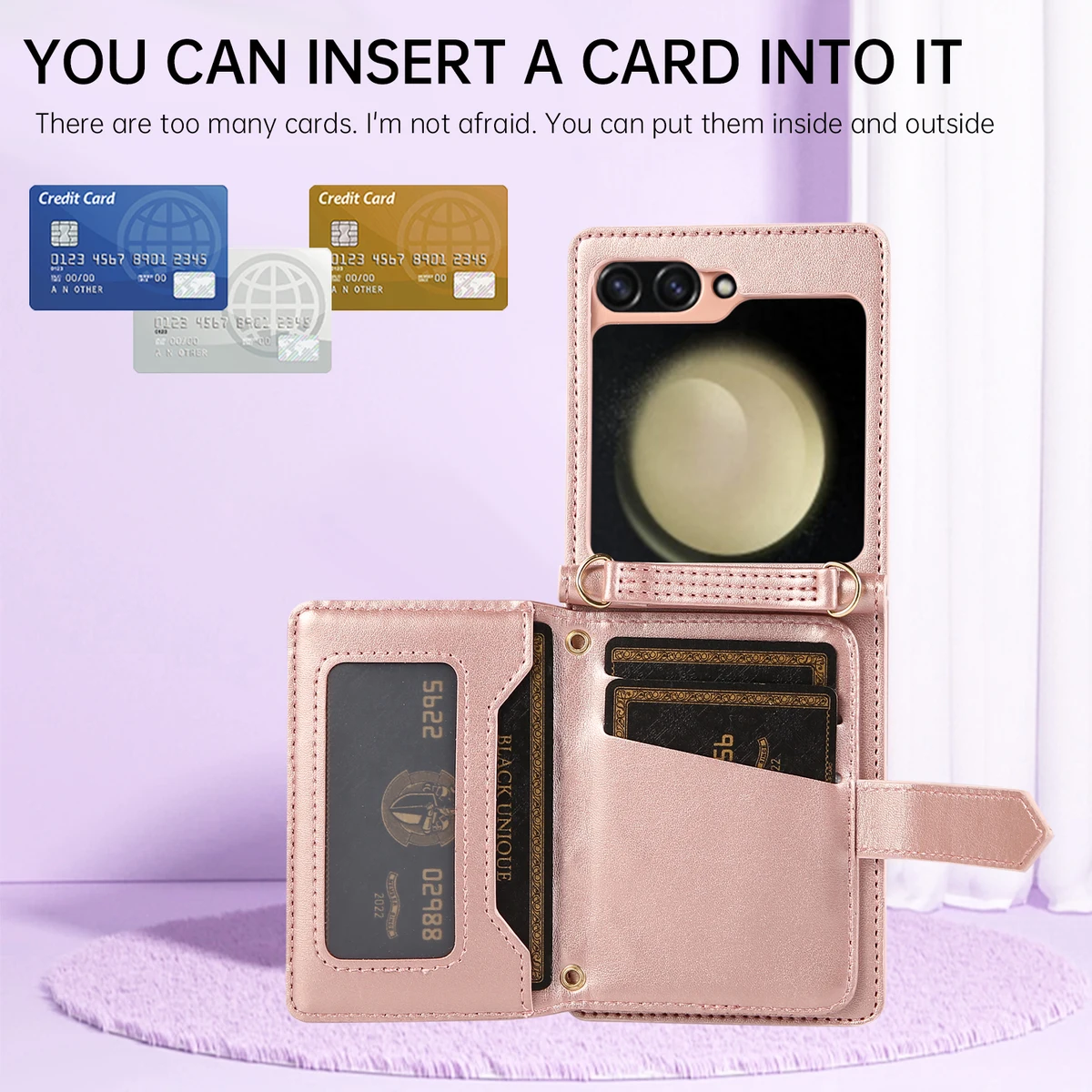 Crossbody Cards Slot Wallet Leather Case for Samsung Galaxy Z Flip 8 7 FE 6 5 4 3 Flip6 5G Lanyard Diamond Embossing Strap Cover — view 2