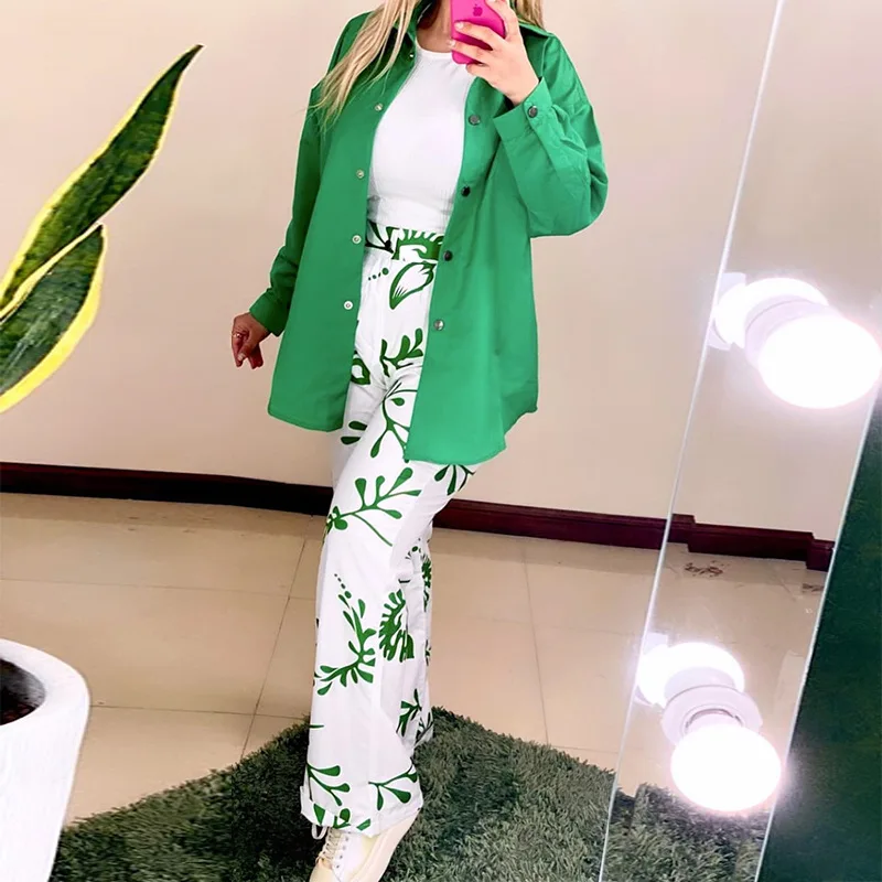 

Women Loose Long Sleeve Shirt Print Pants Set Summer Turn Down Collar Shirts Wide Leg Trousers Ladies Leisure Sporty Suit
