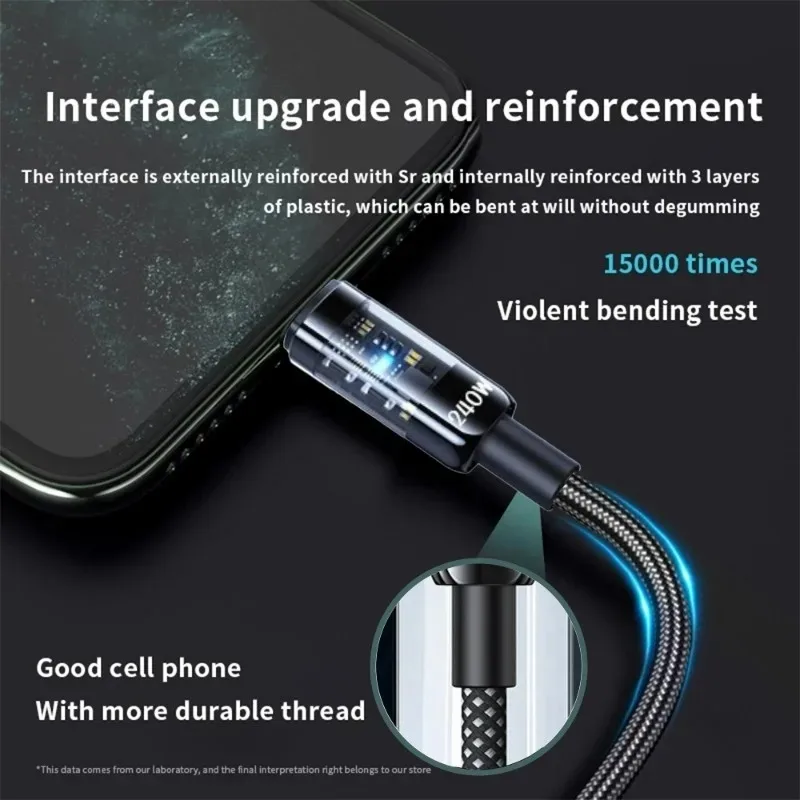 240W USB Type C Super Fast Charging Nylon Data Cable For Samsung Xiaomi Huawei Honor LED Digital Display USB C Charge Data Cords