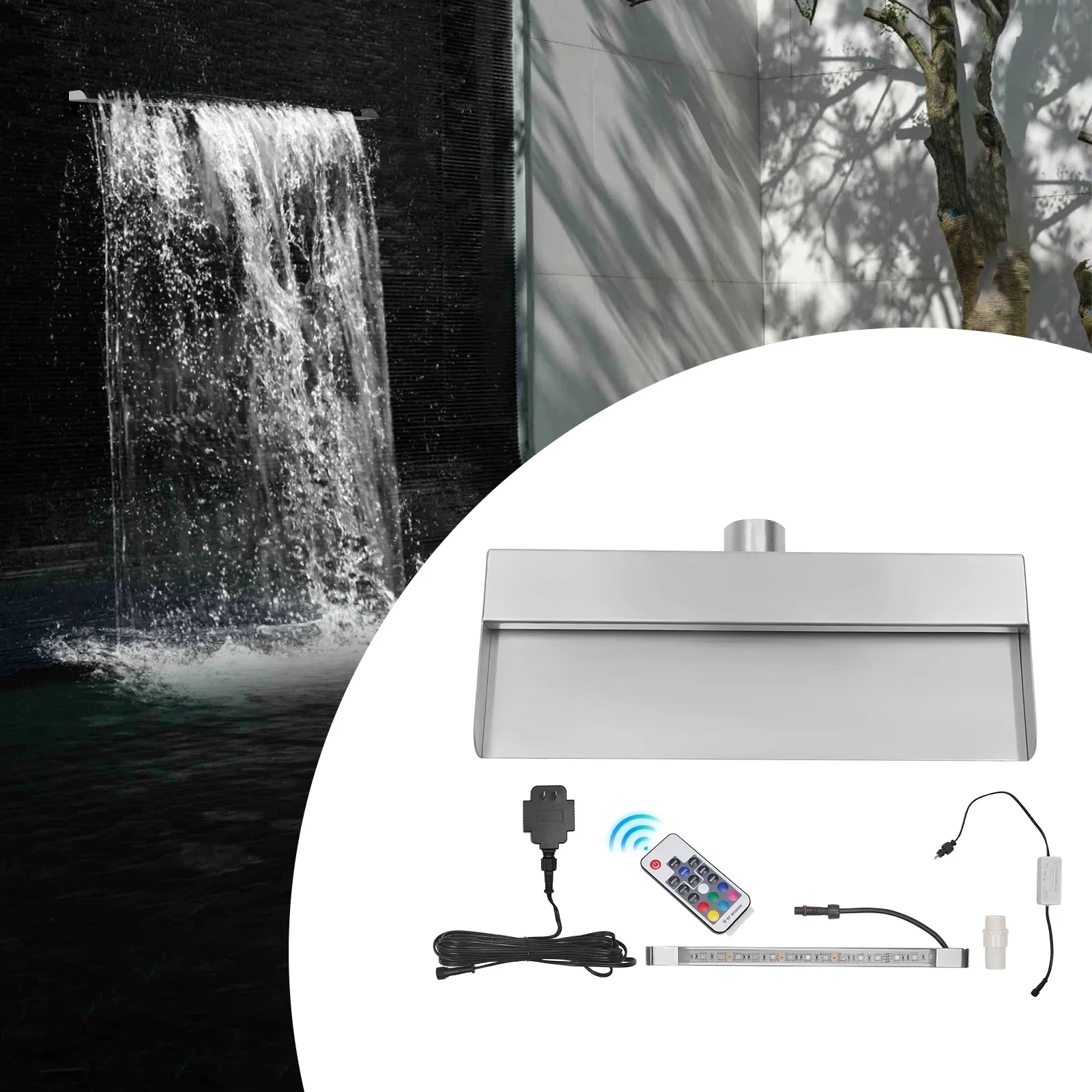 LED Waterfall Spillway Pool Waterfall Fountain 7-Color RGB Lighting, Remote Control, 304 Stainless Steel for Ponds & Gardens