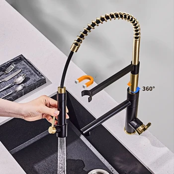 ก๊อกน้ำทองเหลืองแบบติดตั้งบนเคาน์เตอร์ทรงสูง ดีไซน์คลาสสิกสไตล์วินเทจ พร้อมหัวฉีดแบบดึงลง สำหรับอ่างล้างจานแบบ 1 รู 2