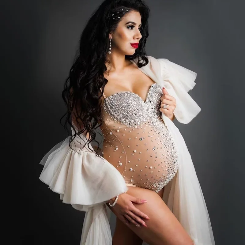 

Luxurious Rhinestone Maternity Photography Bodysuit Crystal Stretchy Pearl Pregnant Woman Bodysuits Props for Photo Shoot