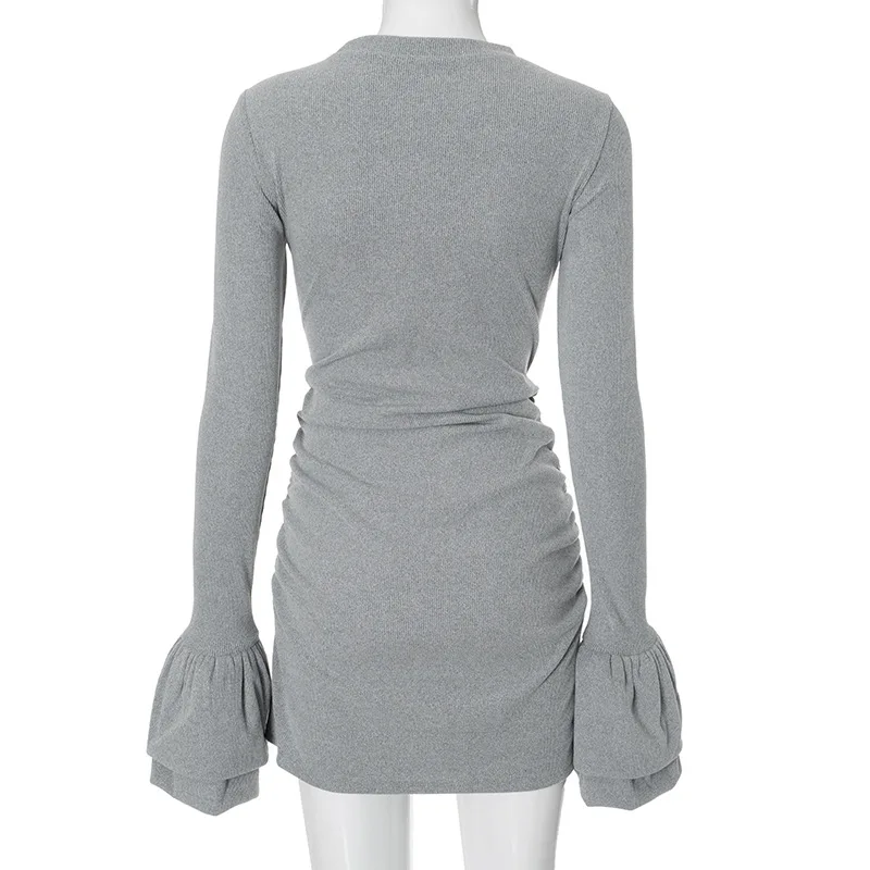 Autumn Ruffled Fashion Mini Dress Female High Waist Patchwork Long Sleeve Skinny Ribbed Bodycon Dress Women's Solid Dress