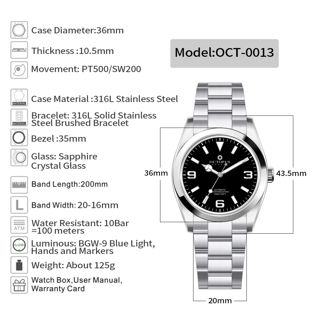 Octopus Kraken 36mm Explore r Automatic Watch PT5000 Luxury