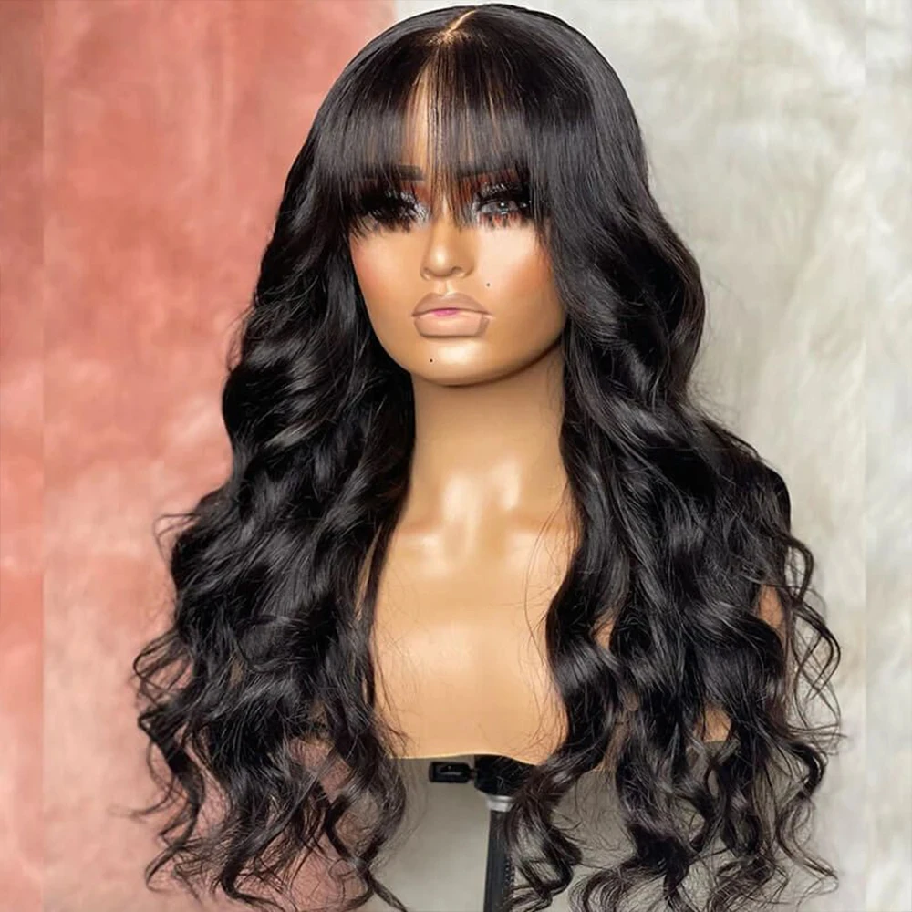 Human Hair Wigs With Bangs 30 Inch Body Wave Full Machine Made Wig Brazilian Wavy Short Bob With Bang Human Hair Wigs For Women