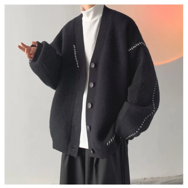 Spring and Autumn Lazy Style V-neck Sweater Cardigan Coat Men's Loose New Simple Fashion Couple Knitted Cardigan K0001