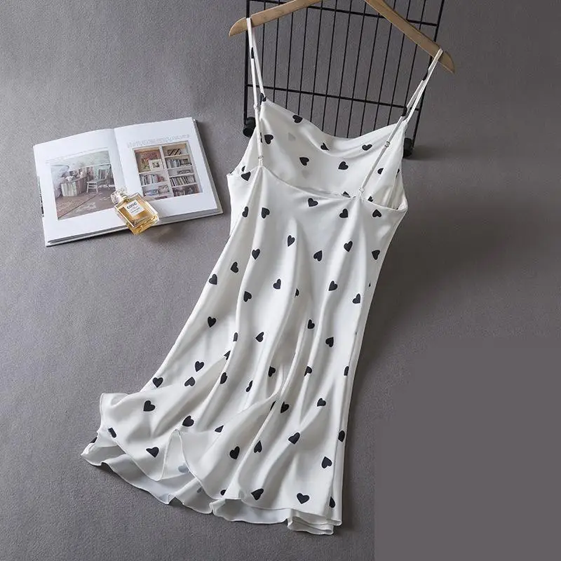 LOVE Print Chemise Nightgown Sexy Female Strap Nightdress Summer Lady Silky Satin Sleepwear Gown Lingerie Backless Home Dress