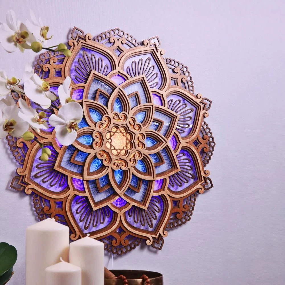 

2023 New LED Night Light Mandala Yoga Nightlights Room Background Wall Wooden Hanging Carved Flower Wall Ornament Multilayered