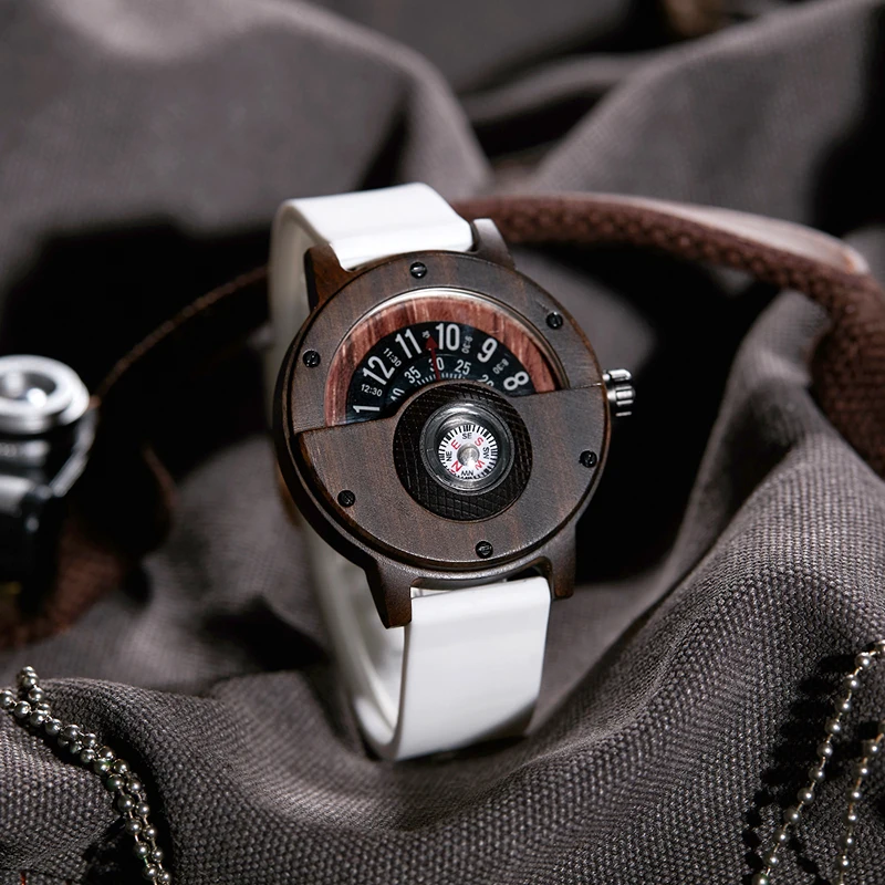 Multifunctional Wooden Wristwatch for Men Quartz Rubber and Leather Wrist Watches Man Clock Natural Sandalwood Ebony Wood Reloj
