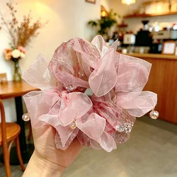Elegant Women's Shiny Beaded Bow Hair Scrunchies - High - Quality Versatile Hair Accessories (Pink)