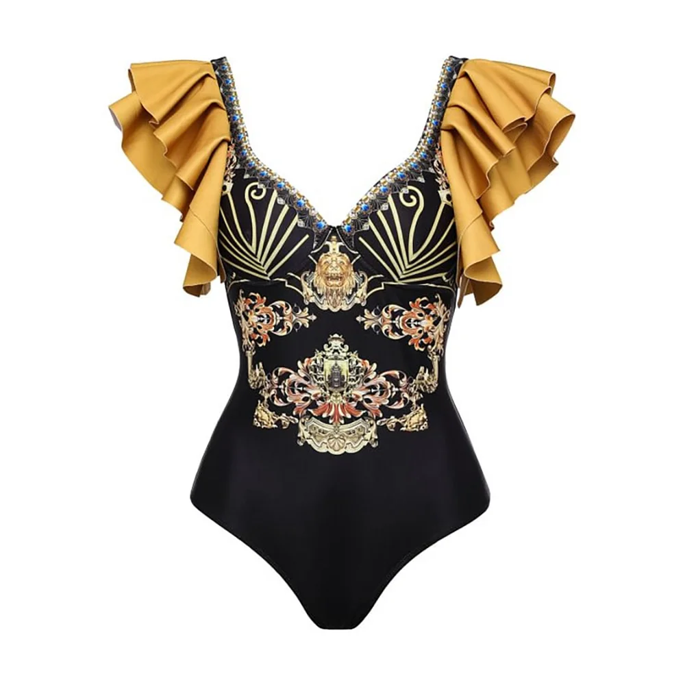 New Sling Black and Gold Printed One-piece Swimsuit Suit Surf Wear Swimwear Women Cover Up Bathing Suit Summer Beach Wear