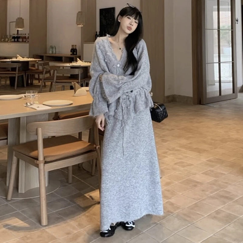 임산부를 위한 한국 스타일 루즈핏 투피스 수트, 겨울 컬렉션 슬리밍 오픈 가디건 스웨터와 미니스커트