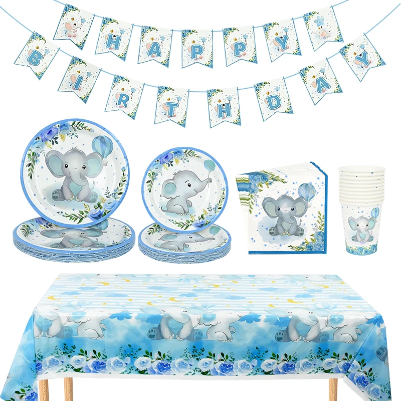 

Cartoon Blue Elephant Disposable Tableware Paper Cups Plates Tablecloth Napkin Kids Happy 1st Birthday Party Baby Shower Supplie