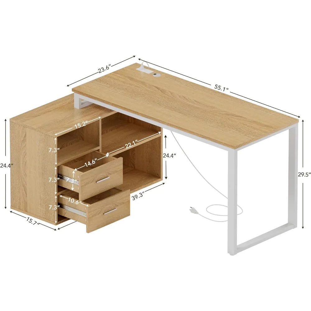 L Shaped Desk with Drawers&Shelves, 55'' Corner Computer Desk with Power Outlets, Reversible PC Table with Storage File Cabinet 3