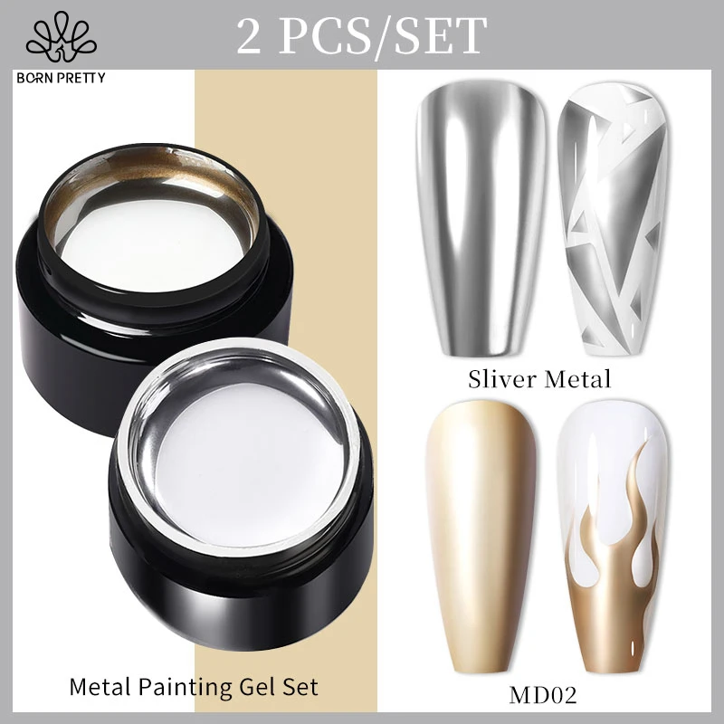 

BORN PRETTY 2PCS/Set Metallic Gold Sliver Liner Gel Nail Polish Metal Super Mirror Effect Painting DIY Design Varnish 5ml