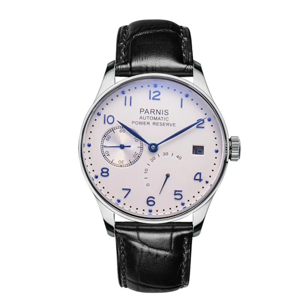 New Fashion Parnis 43mm White Dial Mechanical Watches Men Power Reserve Calendar Waterproof Automatic Self Wind Watch With subtly refined clearly precise this 43mm men s watch with white dial steel band and golden trim