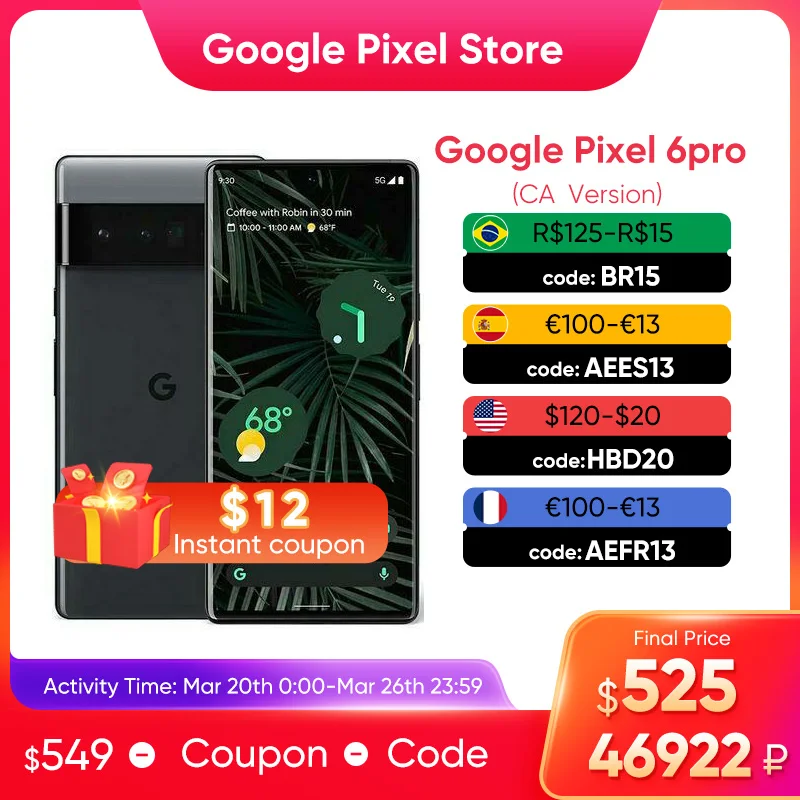  Google Pixel 6 Pro 5G Smartphone 12G RAM 128 ROM 6.71" AMOLED Display  IP67 Dust/Water Resistant   Octa Core Android Mobilephone 