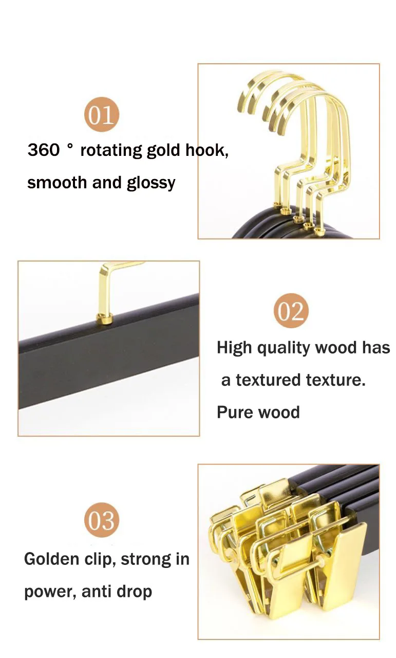 10Pcs 단단한 나무 옷 걸이 옷장 주최자 정장 옷걸이 바지 건조 랙, 골드 후크 옷장 보관