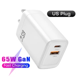 Enhanced 65W GaN Fast Charger with Quick Charge 4.0 & 3.0, Type C PD USB Port - US Plug 65W White