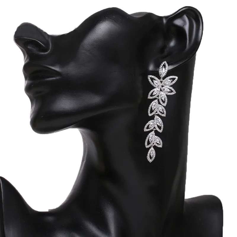 Luxury Flower Leaf Zirconia Women Statement Long Drop Earring drop earrings dangle earrings Wedding Party Bridal Dubai Jewelry Gift