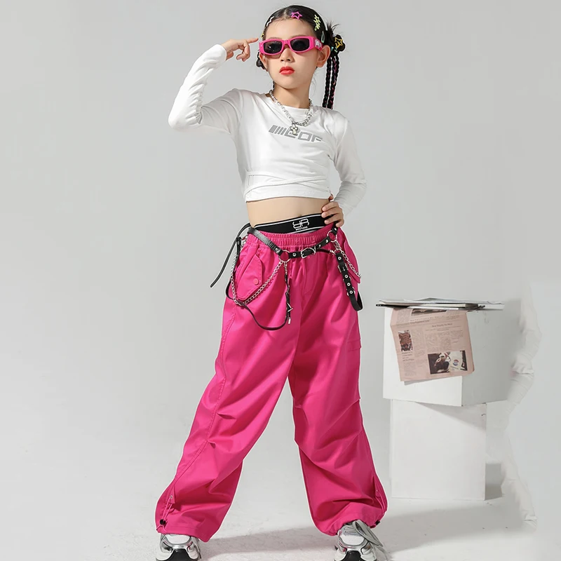 

2023 Girls Jazz Dancing Outfits White Crop Tops Rose Red Cargo Pants Suit Streetwear Children Hip Hop Dance Clothing DQS14812