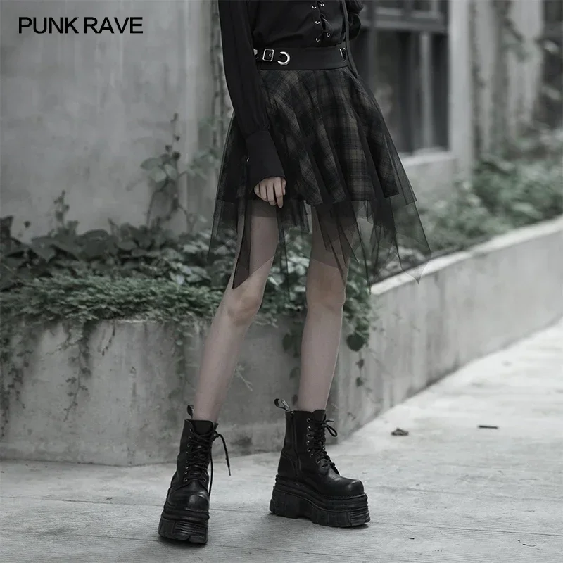 

PUNK RAVE Women's Dark Asymmetric Mesh Skirt Corns Buckle Loop Decoration Punk Plaid Casual Short Skirts Women