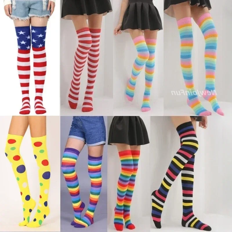 Regenbogen Oberschenkel Kniehohe Lange Socken Cosplay Kawaii Mädchen Schwarz Weiß Gepunktete Gestreifte Weihnachtsstrümpfe für Frauen Herbst Winter